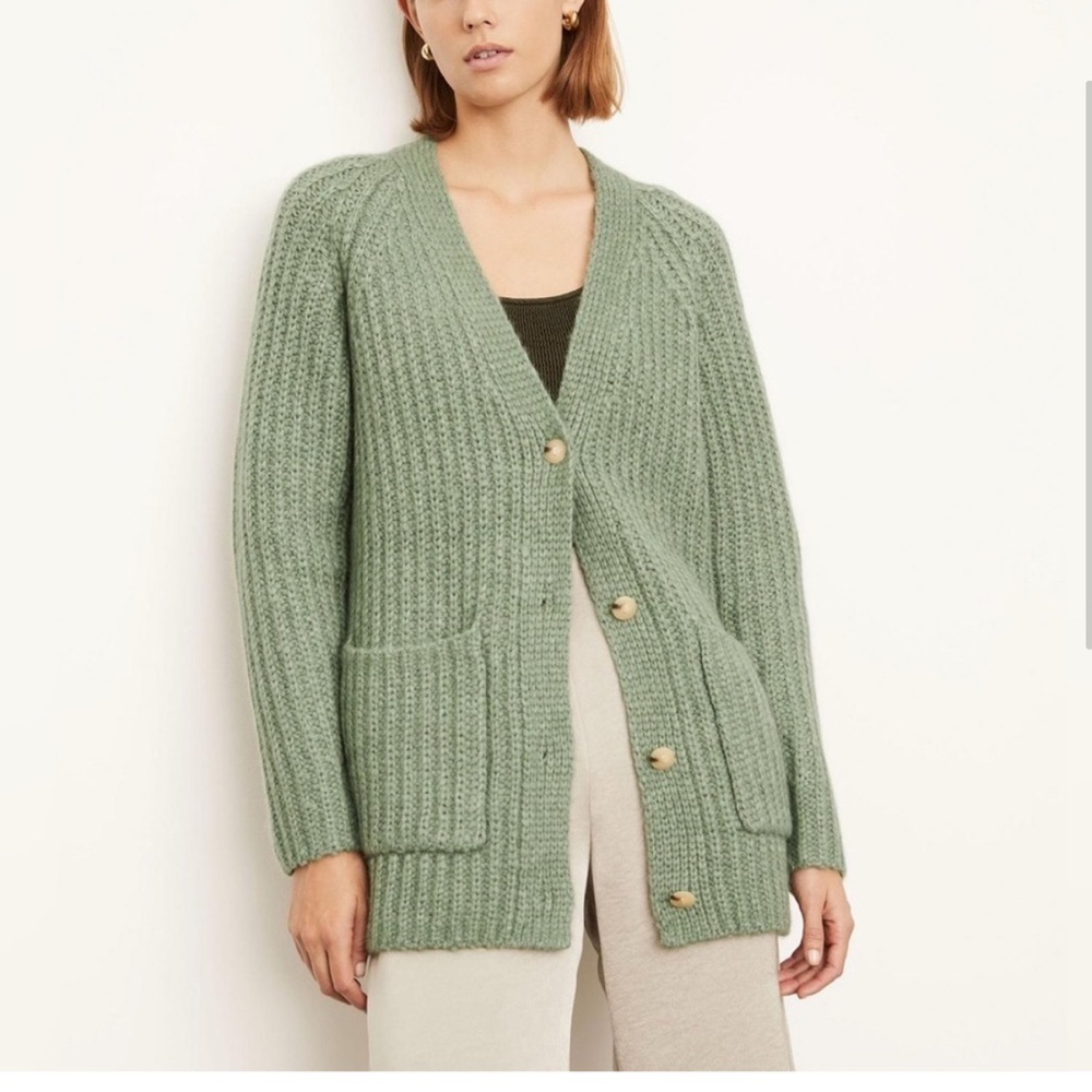Vince Green Ribbed Knit Chunky Cardigan Sweater